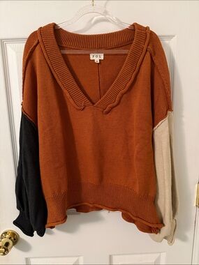 POL Rust Colorblock V-Neck Sweater with Black and Cream Sleeves